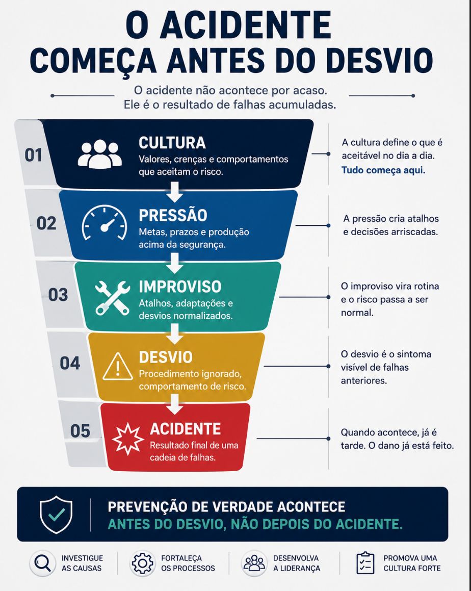 Diagrama em cinco camadas: cultura, pressão, improviso, desvio e acidente, mostrando que o acidente é o resultado final de uma cadeia de falhas