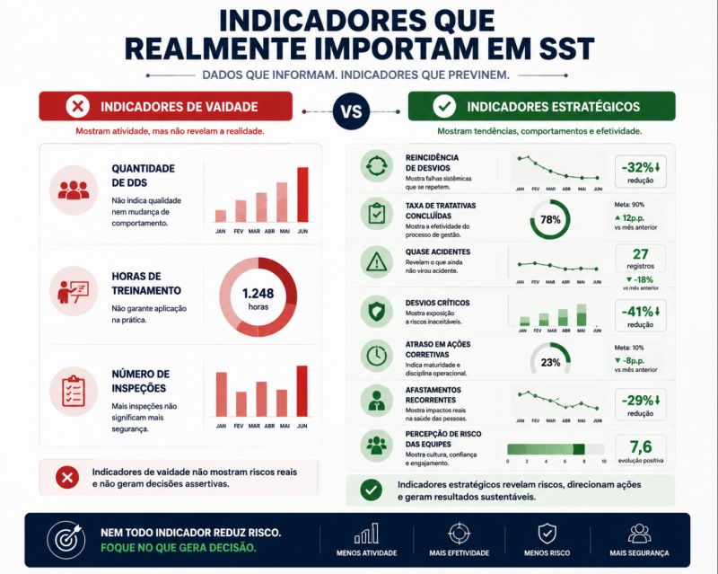 Comparativo entre indicadores de vaidade, como quantidade de DDS e horas de treinamento, e indicadores estratégicos, como reincidência de desvios e quase acidentes